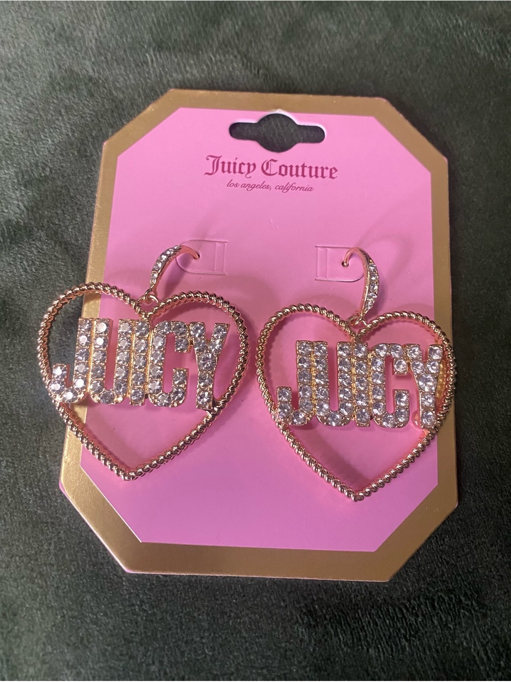 NWT Juicy Couture Crystal Heart Logo Hoop Earrings ✨ Y2K Bling
